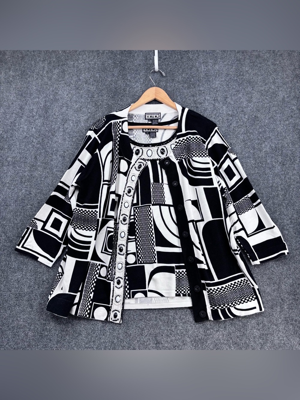 VTG Berek Artsy Abstract Teachercore Knit Beaded Twinset Cardigan Set Women’s 1X